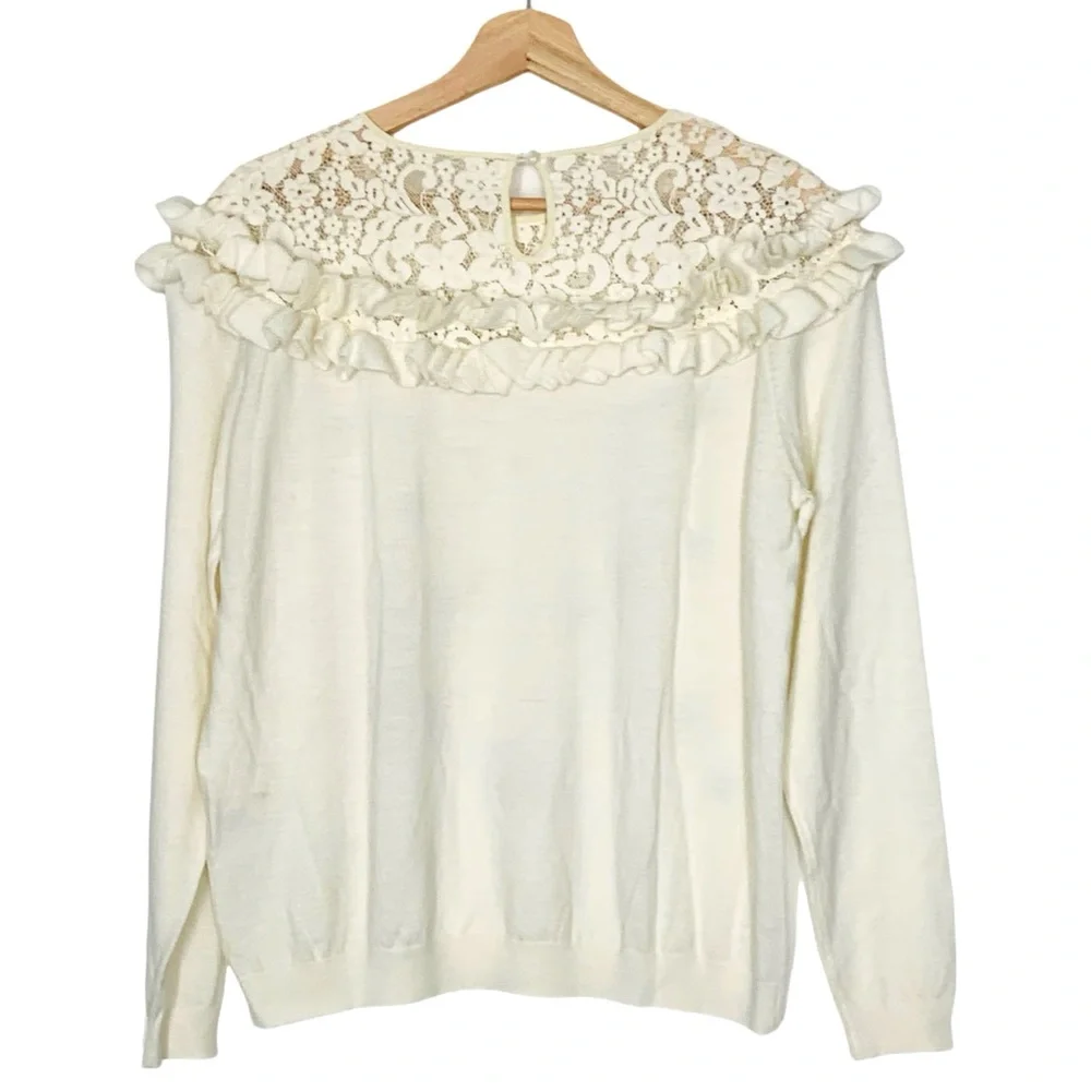 Lace Collar Crew Neck Sweater Large Cream 3D Flowers Embroidered Beaded Sequins